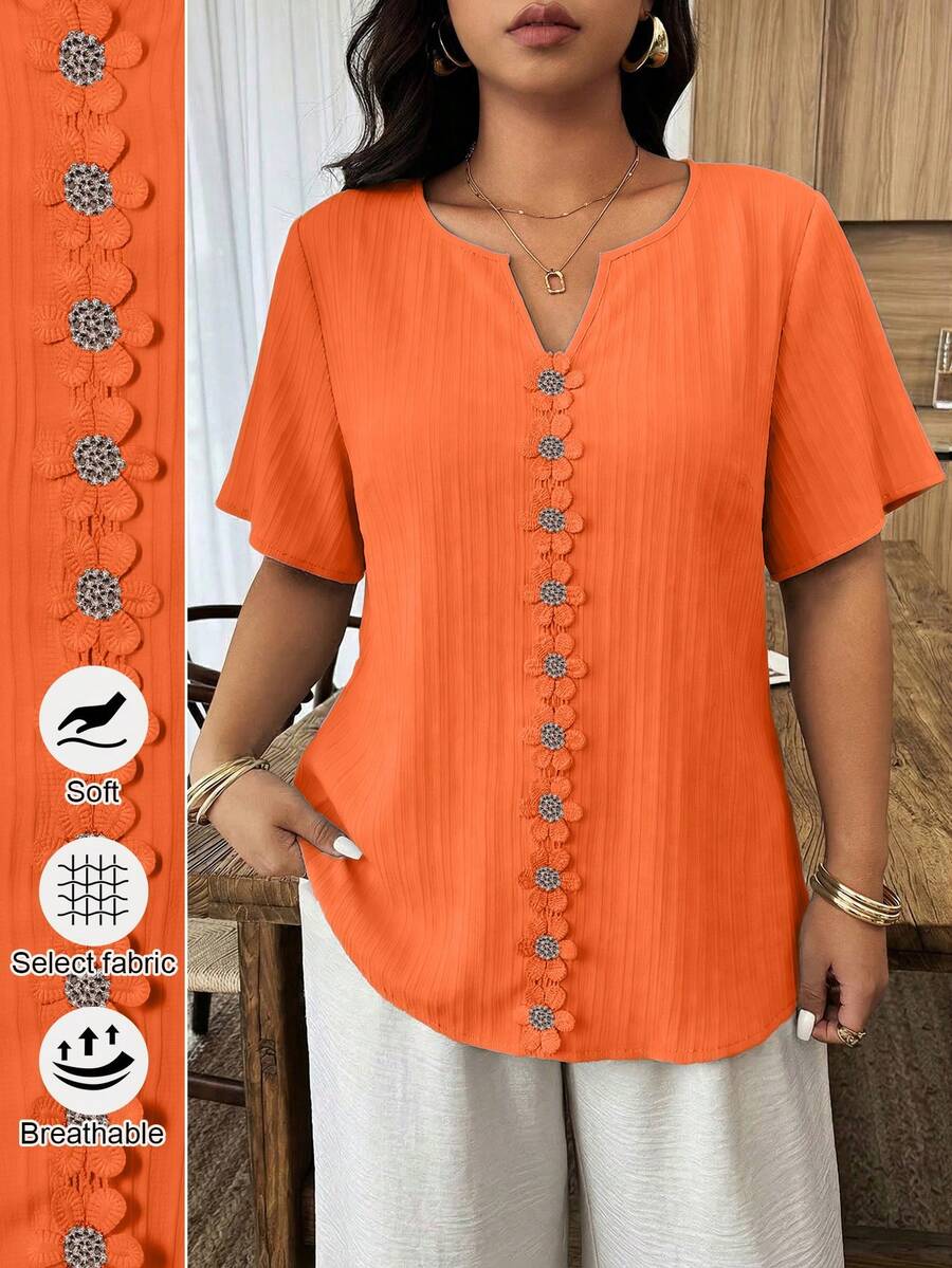 Weeklong Blusa holgada de manga corta con volantes y parches florales para mujer talla grande, primavera/verano - Naranja - Ver 1
