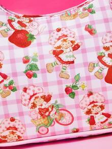 Strawberry Shortcake X SHEIN Tas Selempang Motif Gadis Stroberi dengan Tali Bergelombang & Dekorasi Pita, Tas Bahu Kotak-kotak Lucu untuk Penggunaan Sehari-hari - Berwarna merah muda - View 6