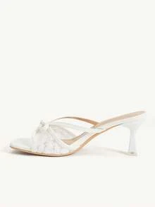 CUCCOO CHICEST French Lace Embroidered Bow Square Toe High Heel Sandals White Pedal Women's Summer Outerwear - White - View 5