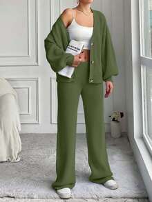 EURMUSE Women's Solid Color Long Sleeve Sweater & Pants 2 Pieces Set - Army Green - View 3