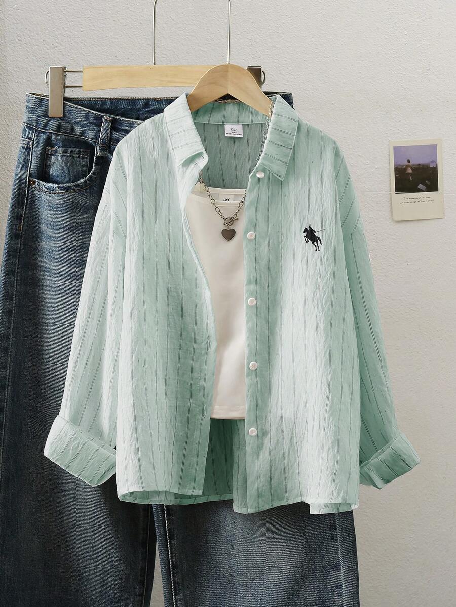 Sparklyn 青少年 13-19 歲米白色條紋長袖 Polo 刺繡襯衫 - 綠色 - 查看 1