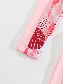 SHEIN Conjunto de traje de baño con estampado tropical y patchwork para niña preadolescente - Rosa Pálido - Ver 5