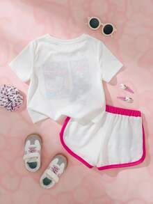 HELLO KITTY AND FRIENDS | SHEIN 女童趣味卡通印花圓領短袖T恤搭配條紋對比色短褲 2件套 - 白色 - 查看 2