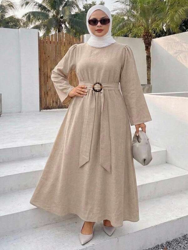 Dazy Plus Casual Vacation Style Loose Long Sleeve Tie Cinched Waist Long Dress For Spring Summer Autumn