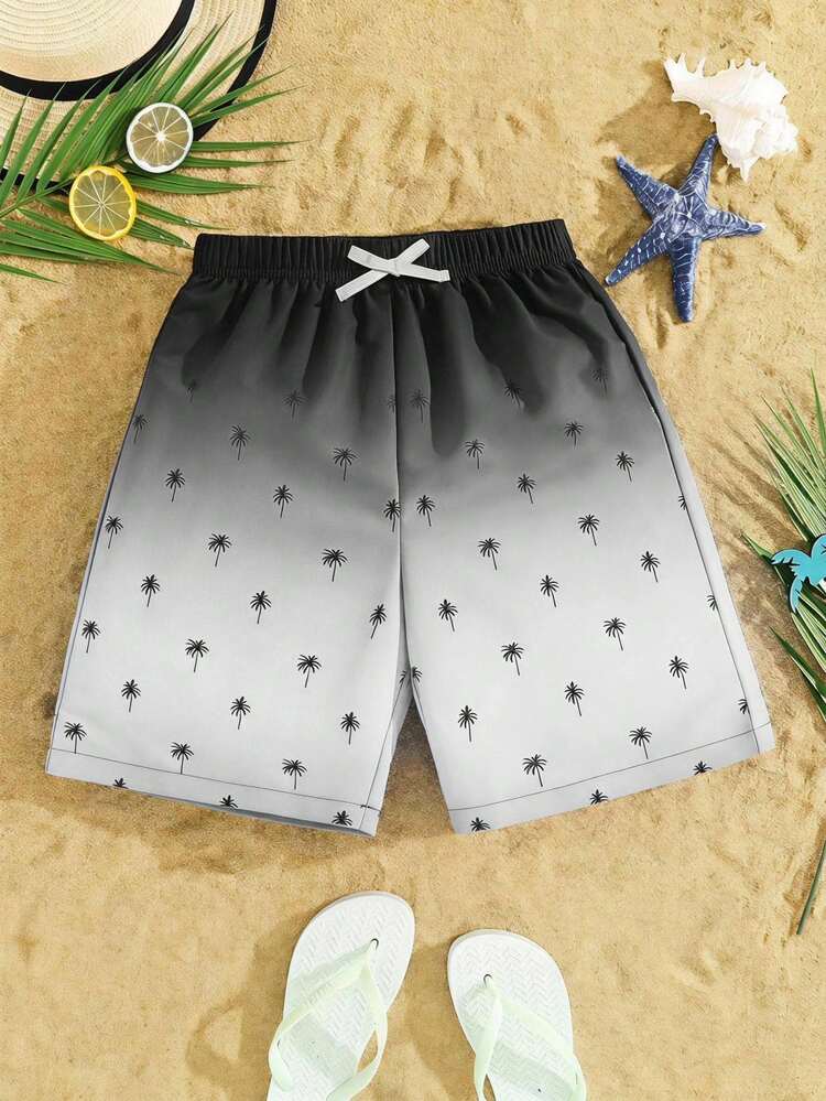 SHEIN Leap Crew 1pc Tween Boy Casual Sports Grey And Pink,Summer,Casual,Beach,Vacation,Holiday Style Beach Shorts With Gradient Coconut Tree Pattern For Swimming - Grey - View 5