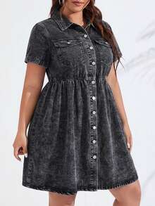 SHEIN ICON Plus Size Women's Front Button Collar Pocket Loose Hem Short Sleeve Dress, Suitable For  And Outings Mother's Day Back-To-School Outfits - Black - View 5
