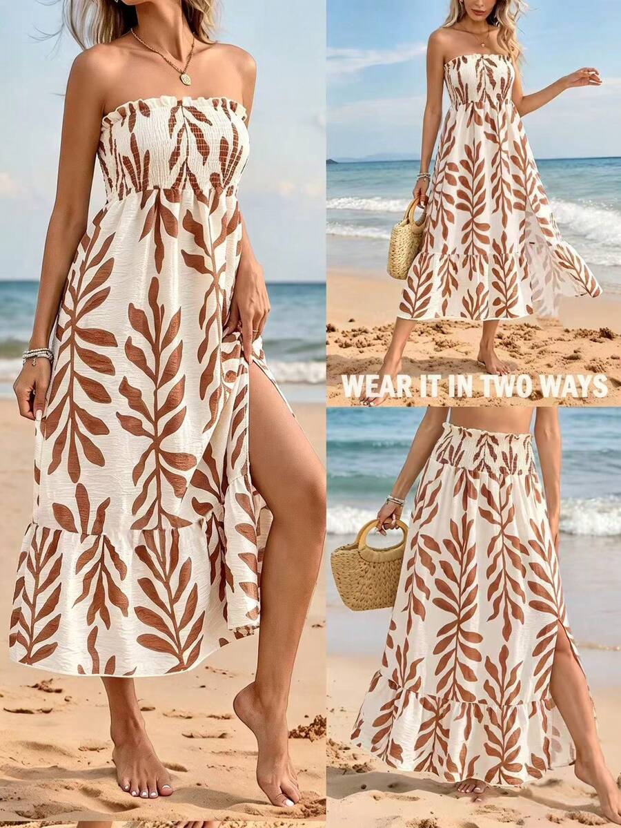 SHEIN Swim 夏季泳裝新品 度假風 優雅熱帶極簡休閒鄉村風 女款米白色葉片花卉平口抓皺開衩露肩洋裝 - 棕色 - 查看 1