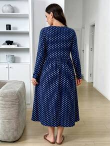 SHEIN LUNE Plus Size Polka Dot Cinched Waist Casual Dress Fall - Navy Blue - View 2