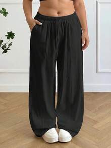 SHEIN PETITE CURVE Plus Size Women Solid Color Drawstring Waist Casual Versatile Wide Leg Pants For Daily Wear - Black - View 6