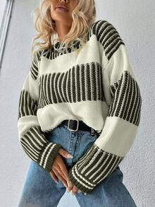 EURMUSE Striped Pattern Drop Shoulder Sweater - Khaki - View 4