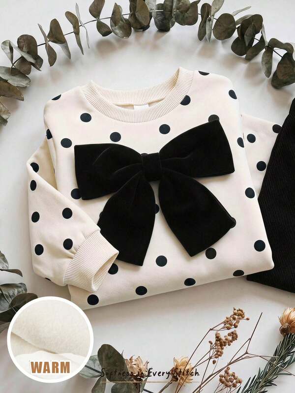 Cozy Pixies Baby Girl Polka Dot Contrast Color 3D Bow Round Neck Long Sleeve Pullover Sweatshirt