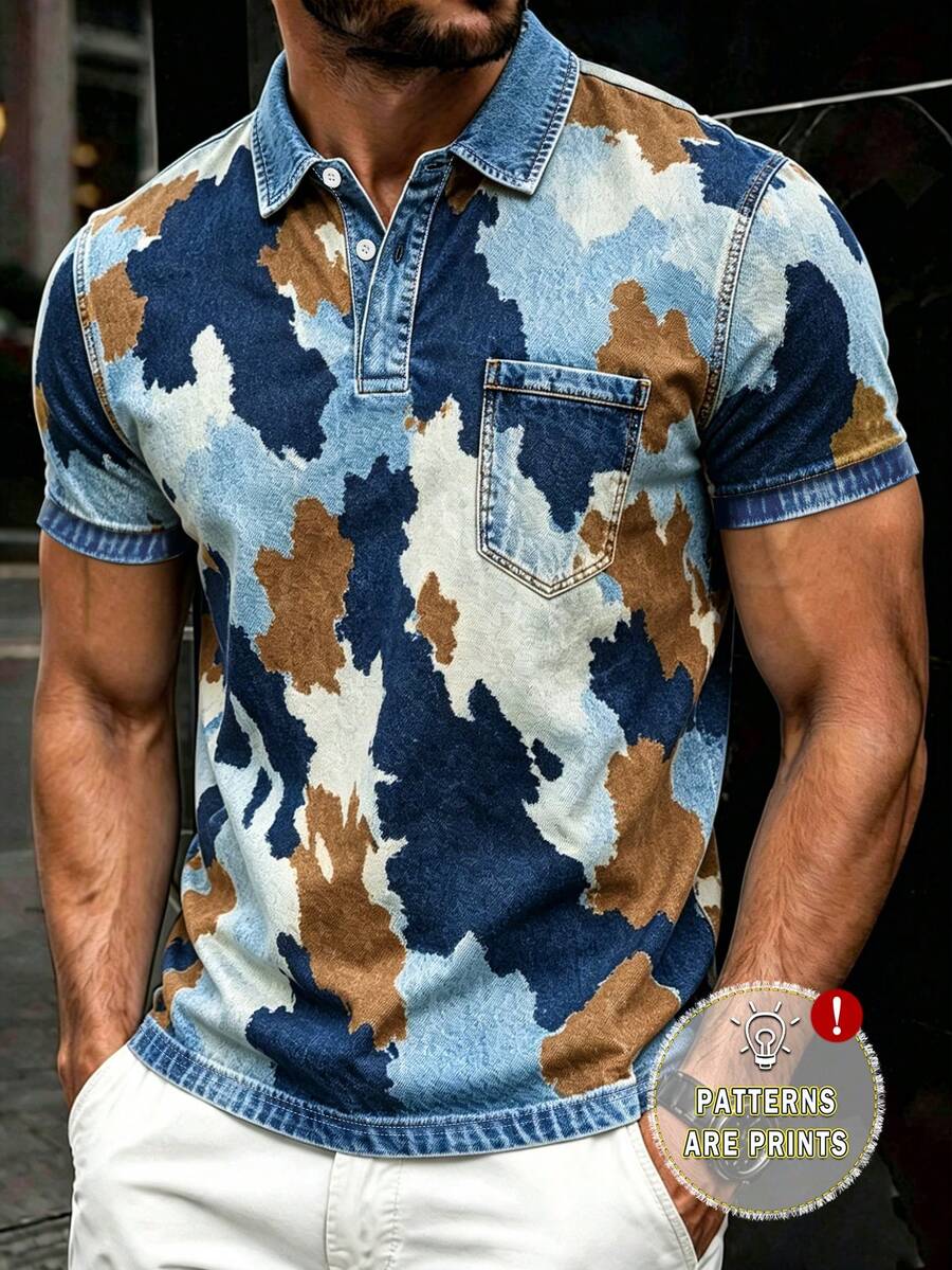 Manfinity Dauomo 男士印花 Polo 衫,休閒街頭風商務度假通勤戶外穿搭,夏季淺藍色 - 彩色 - 查看 1