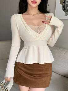 DAZY Atasan Wanita Lengan Panjang Slim Fit 2 In 1 dengan Renda Kontras, Elegan, Seksi, Cocok untuk Liburan Musim Semi dan Gugur - Aprikot - View 4