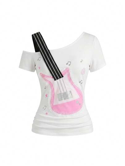 ROMWE Avant Camiseta para mujer con hombro asimétrico 2 en 1 con estampado de nota de bajo de rock estilo Y2K Hot Girl