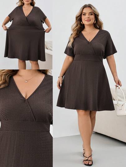 SHEIN CURVE+ Plus Size Brown V-Neck Short Sleeve Cinched Waist Flared Hem Knit Textured Dress, Suitable For Autumn