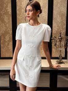 Zaforene Women's Summer Elegant French Commuter Frog Button Mid-Length Dress Tea Party Day Party White - Khaki - View 5