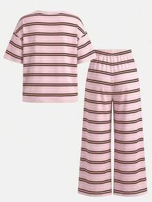SHEIN 少女條紋圓領短袖T恤與長褲休閒套裝 - 彩色 - 查看 6