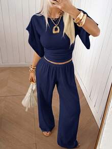 SHEIN EZwear Navy Blue Knitted Women's Crew Neck T-Shirt And Pants Casual Loungewear Set - Navy Blue - View 4
