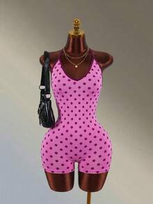 Amplova Women's Polka Dot Print Halter Neck Backless Sports Romper Seamless Pink Backless Fitness Gym Sexy Workout Going Out Daily Wear Sport Jumpsuit Fashion - Pink - View 5
