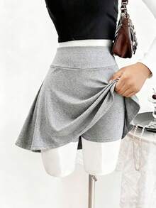 SHEIN 青少年女孩秋季休閒寬鬆百搭裙，內建短褲，開學季，百褶，日常，優雅，套裝，正式舞會白色 - 淺灰色 - 查看 3