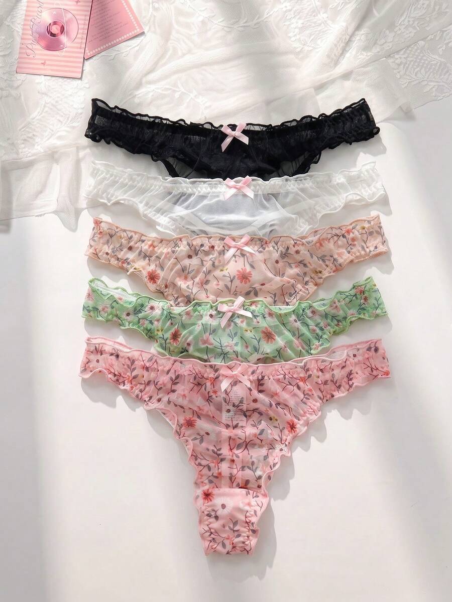 PetitDoll 5条装女士纯色碎花撞色蝴蝶结装饰荷叶边透明丁字裤 - 彩色 - 查看 1