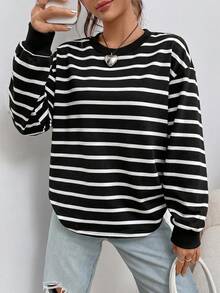SHEIN EZwear 春季白色條紋印花落肩連帽衛衣，畢業季、返校穿搭，女教師穿搭，秋冬返校穿搭 - 黑色 - 查看 4