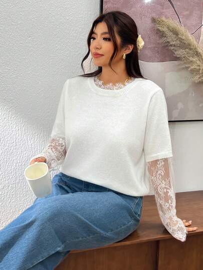 Lounesse Plus Size Women's Lace Patchwork Casual Versatile Daily Wear Pullover Sweater
