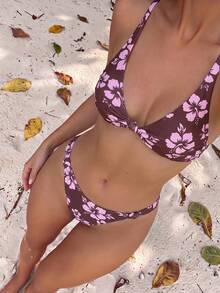 Swim Mod Spring/Summer New Cream Yellow Twist Knot Two Pieces Bikini Set Sweet Girl Beach Casual Vacation Swimsuit - Multicolor - View 3