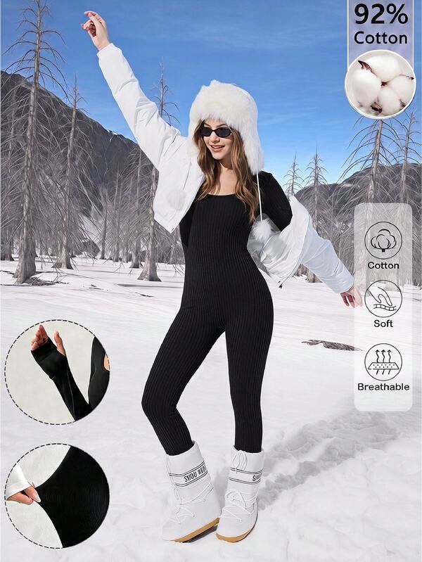 SHEIN Sparklyn Teen Girl Casual All-Match Versatile American Style Square Neck Fitted Knit Jumpsuit, Autumn/Winter Outfit, Back To School, Warm,Fitted Knit,93%Cotton