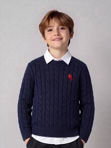 SHEIN 兒童青少年男孩休閒學院復古風柔軟舒適圓領套頭海軍藍毛衣，適合秋冬、學校、家庭聚會、返校、運動、秋季穿搭、冬季穿搭、生日派對 - 彩色 - 查看 1