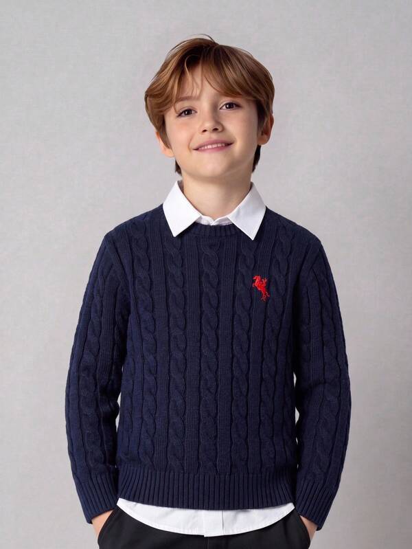 SHEIN Kids Tween Boys Casual College Retro Style Soft Comfortable Round Neck Pullover Navy Blue Sweater, Suitable For Fall/Winter, School, Family Gathering, Back To School, Sports, FallOutfit, WinterOutfit, Birthday Party