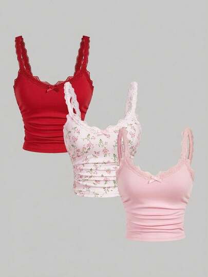 SHEIN MOD قميص داخلي للنساء بلون أحادي مع تصميم من الدانتيل