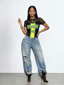 Glyssa Bodysuit Wanita Elegan Streetwear Musim Semi/Panas Bergaris dengan Jala Kontras, Leher Bulat, Lengan Pendek, Pas Badan, Gaya Musik Rave, Hitam dan Kuning - MultiWarna - View 7