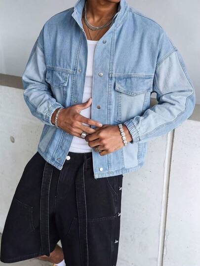 Manfinity Roghcode Men's Long Sleeve Single-Breasted Casual Workwear Pocket Denim Jacket