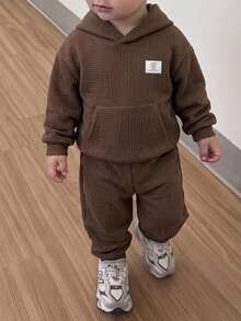 Young Boy Textured Hoodie And Pants Set Casual Kangaroo Pocket Brown Fall Outfits - Coffee Brown - View 1