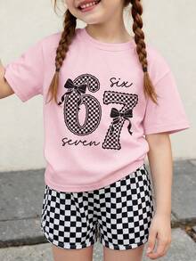 SHEIN Genkimix Kids 2件組少女卡通蝴蝶結印花粉色短袖T恤與格紋短褲，夏季校園返校活力度假休閒穿搭 - 粉色 - 查看 2
