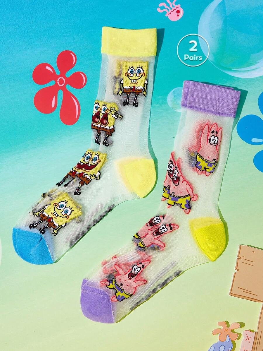 SpongeBob SquarePants | SHEIN 2雙超薄透明隱形襪,水晶絲女款中筒襪,透氣柔軟,適合春夏日常穿著 - 彩色 - 查看 1