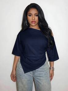 Slaydiva Spring/Summer Women's Plus Size Asymmetric Shoulder Ruched Hem T-Shirt, Graduation Season Beach - Navy Blue - View 7