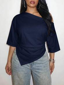 Slaydiva Spring/Summer Women's Plus Size Asymmetric Shoulder Ruched Hem T-Shirt, Graduation Season Beach - Navy Blue - View 9
