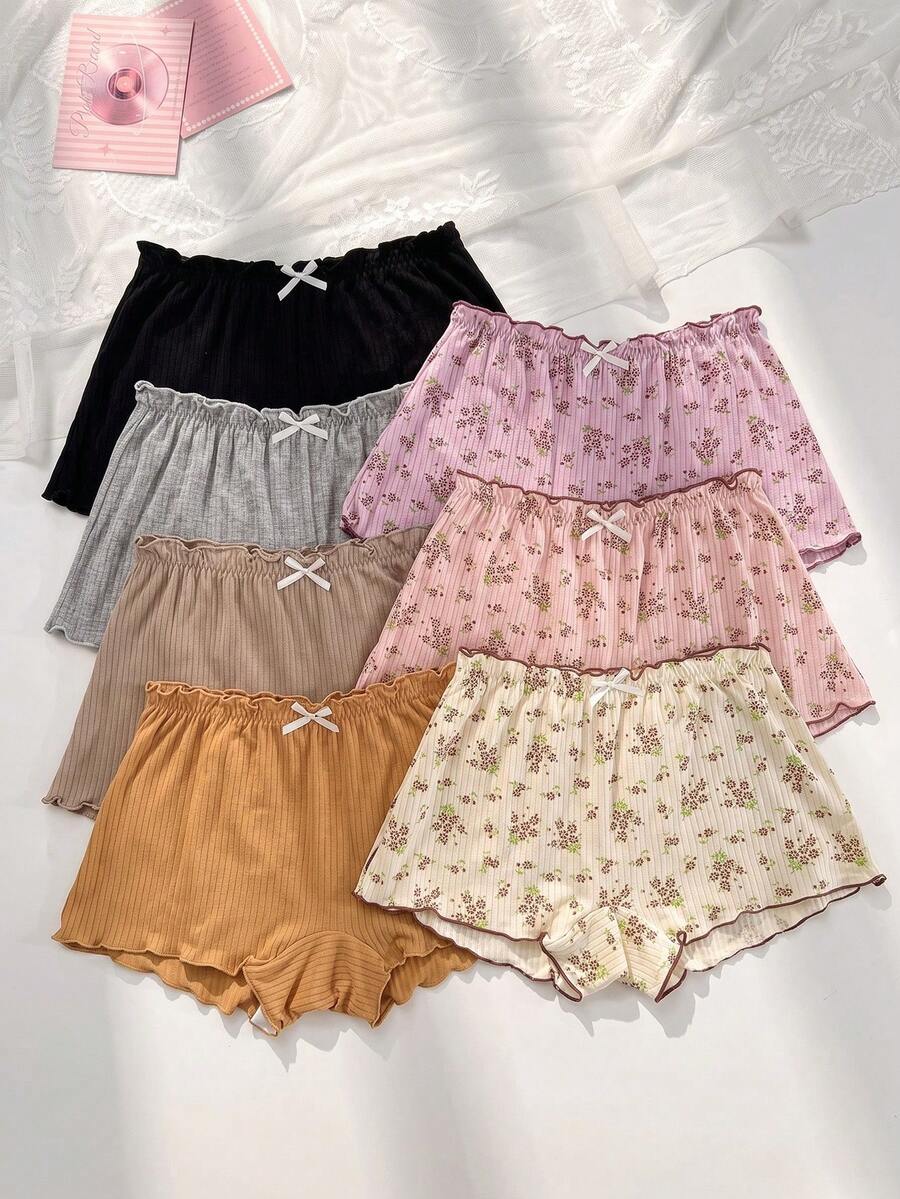 PetitDoll 7 Buah Celana Dalam Model Boyshort Bergaris Motif Bunga Kecil dengan Hiasan Ruffle di Bagian Bawah Ukuran Plus - MultiWarna - View 1