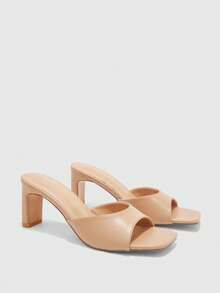 CUCCOO BIZCHIC Women's Square Toe Simple Fashion Bag Medium High Heel One Piece Sandals Slippers - Apricot PU - View 7