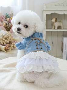 PETSIN 1件貓狗寵物裙，春秋公主風綁帶式寵物服飾 - 藍色 - 查看 2