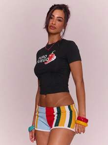 MUSERA Graphic 'Puro Fuego' Cropped Top Tshirt Spring Summer Vacation Holiday Ibiza Boho Streetwear Elegant Casual Carnival Festival Going Out Black And Red - Black - View 4