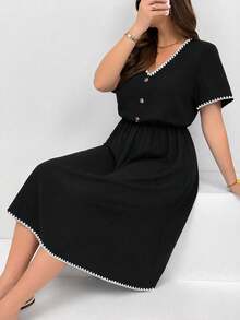 SHEIN Essnce Plus Size Summer Casual Capsule Contrast Trim Embroidered Dress Teachers' Day Bussines Office Black - Multicolor - View 4