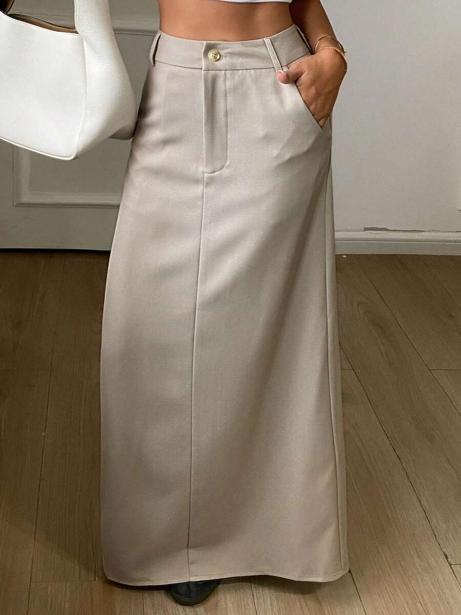 DAZY Solid Color Fitted A-Line Long Slit Elegant Casual Vacation Spring Autumn Women's Skirt - Khaki - View 1