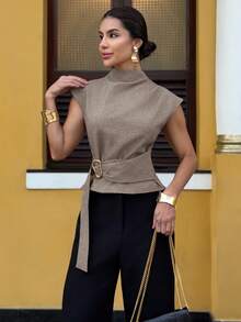 Yohana Edit Khaki Short Sleeve Shirt, Elegant Business Commute Minimalist Vintage Style Formal Shirt, Office Wear Summer - Khaki - View 5