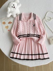 SHEIN 女童粉色針織兩件套，可愛刺繡兔子毛衣 + 針織迷你裙，長袖V領套頭衫附扭繩裝飾，休閒優雅風，適合秋冬 - 粉色 - 查看 5
