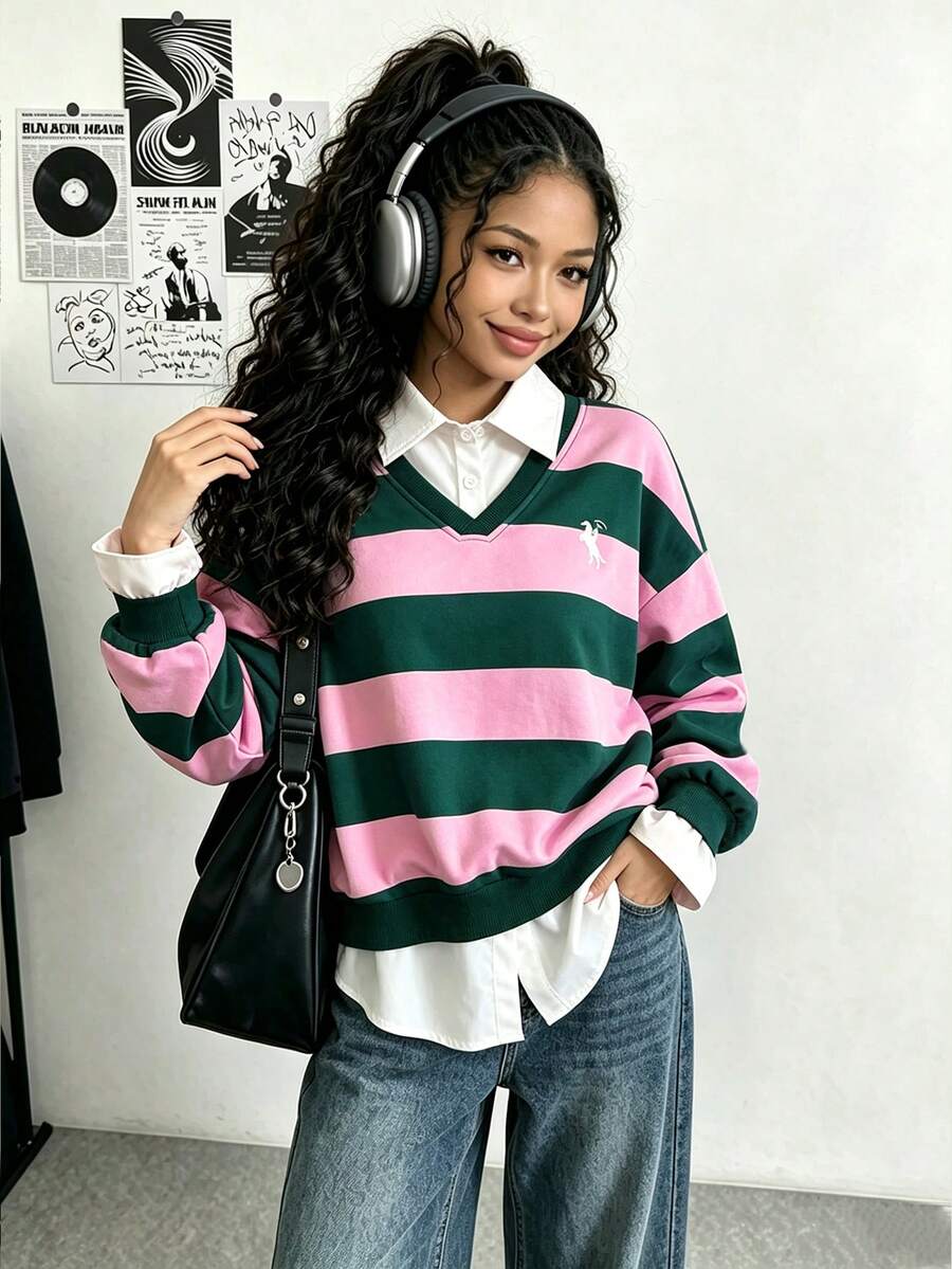 Genkimix Kids 休閒街頭風 2-in-1 衛衣 青少年女孩秋季服飾 亮粉色條紋印花長袖 白色小馬圖案 返校穿搭 女孩 - 彩色 - 查看 1