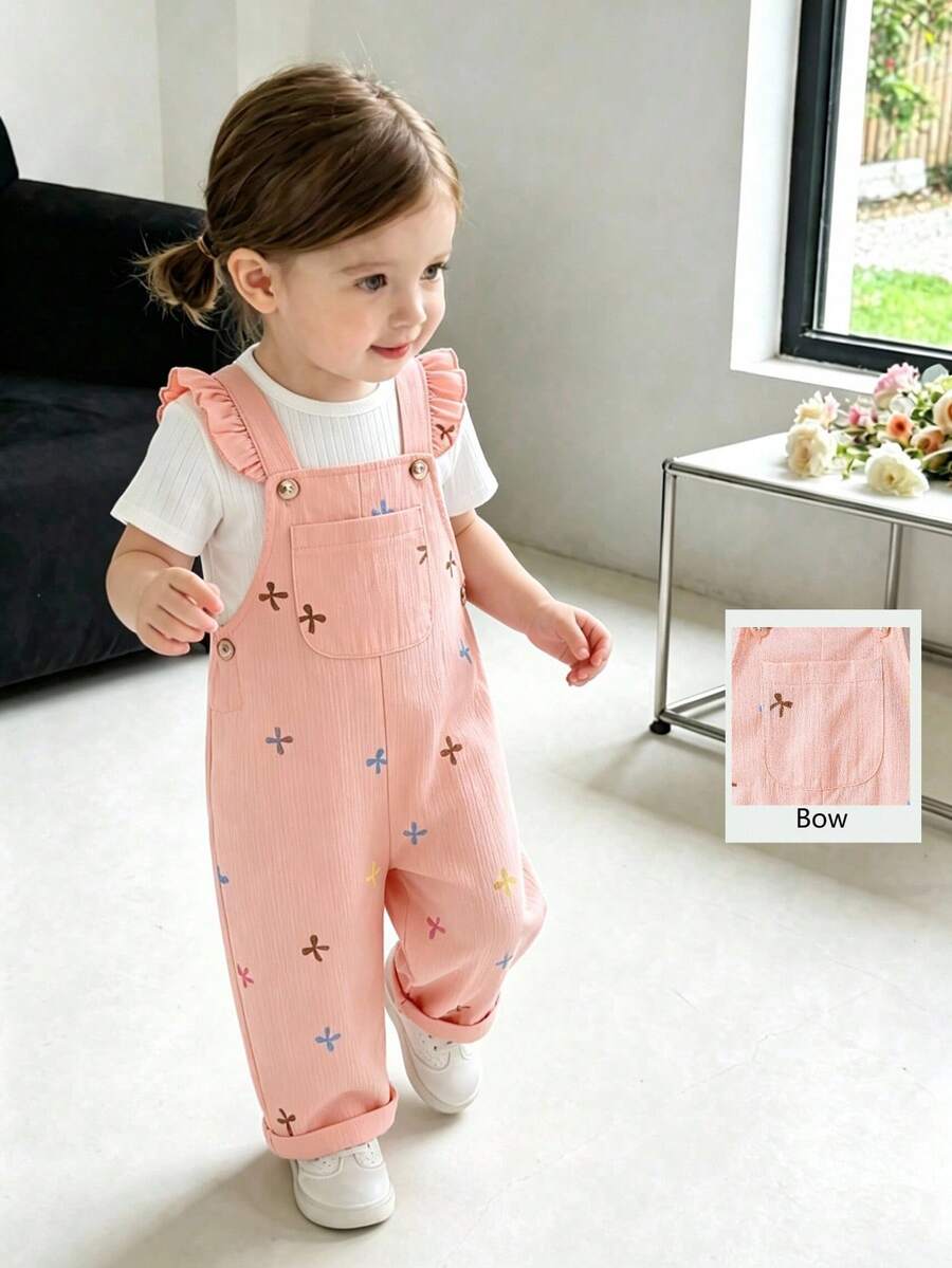 SHEIN Vintaside Kids 女嬰粉色蝴蝶結印花荷葉邊吊帶褲 2件套,附白色T恤,可愛寬鬆連身褲,幼兒嬰兒夏季套裝 - 粉色 - 查看 1