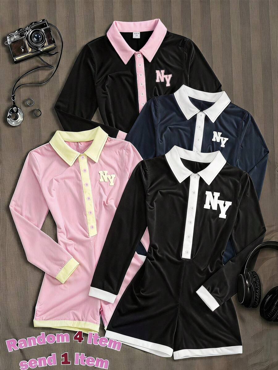 Teen Girls Long Sleeve Polo Pink Black Collar Romper,Back-To-School,Cute,Vacation, 1pc Only Spring - Black - View 1